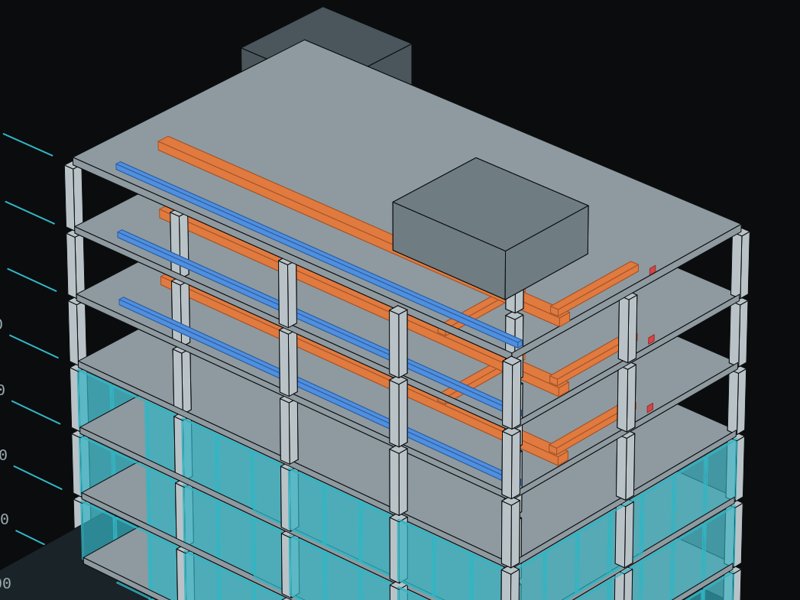 Illustrative BIM model with section box: structure, facade, ductwork and pipework by level