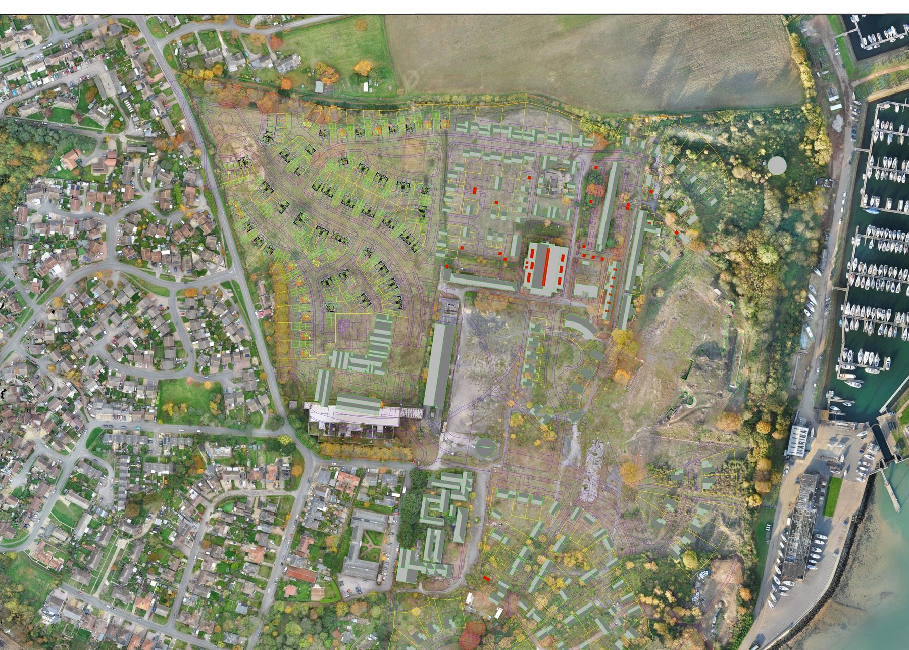 Drone orthomosaic of a coastal development site with the proposed layout overlaid