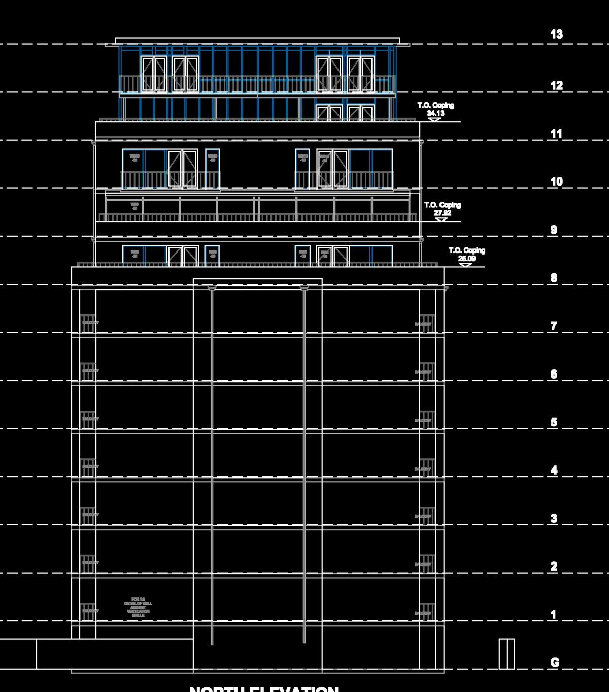 Measured north elevation with floor levels
