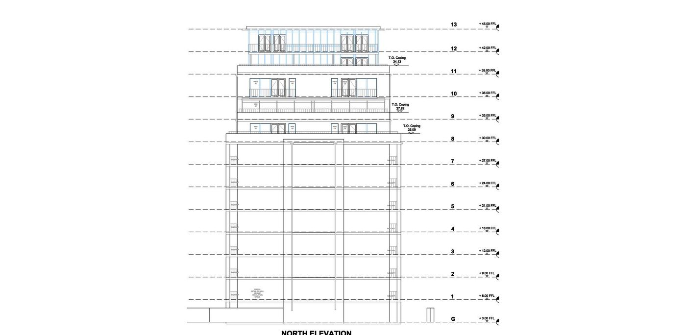 Measured north elevation with floor levels